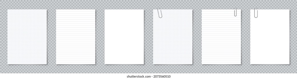 White blank paper sheets in A4 format with metal clip, holder. Notebook page, document. Design template or mockup. Vector illustration.