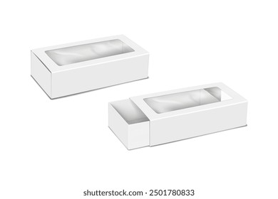 White blank paper slider drawer box with clear plastic window. Realistic 3d vector mock-up. Cardboard box with transparent sliding lid. Mockup. Paperboard container packaging. Template for design