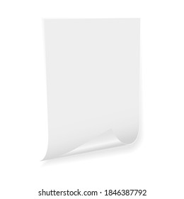 White blank paper sticker with bent corner. On white background. Vector 3d illustration