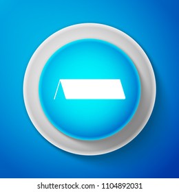 White Blank paper table card icon isolated on blue background. Tent card icon. Circle blue button with white line. Vector Illustration