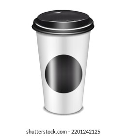 White Blank Paper Takeaway Coffee Cup With Empty Black Round Label Sticker And Plastic Lid Vector Mockup. Realistic Mock-up For Design