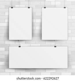 White Blank Paper Wall Poster Mock up Template Vector. Realistic Illustration. Brick Wall.