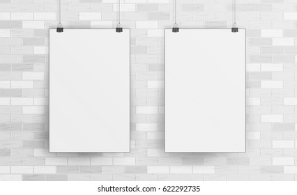 White Blank Paper Wall Poster Mock up Template Vector. 3D Realistic Illustration With Shadow. Brick Wall.