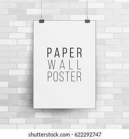 White Blank Paper Wall Poster Mock up Template Vector. Realistic Illustration. Brick Wall.