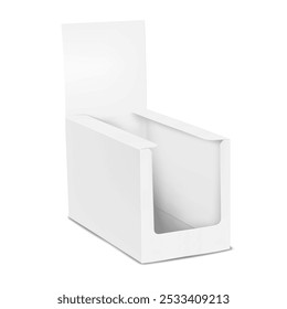 Caja de presentación de cartón blanco. Maqueta 3D. Contenedor de cartón con pestaña de cabecera. Maqueta de Vector realista. Paquete al por menor para exhibir el producto. Plantilla para el diseño