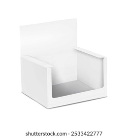 Coffret vierge en carton blanc. Maquette 3d. Récipient en carton avec languette de tête. Maquette d'Image vectorielle réaliste. Emballage de détail pour présenter un produit. Template en matière de design
