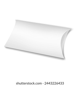 White blank paperboard pillow box. Realistic vector mockup. Cardboard box, paper container packaging. Mock-up for design