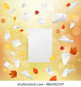 White blank papers flying away with yellow red orange autumn leaves never too late idea