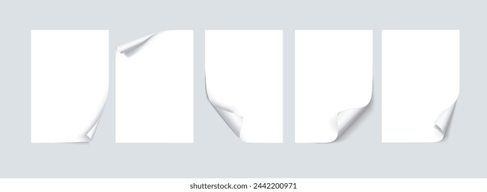 White blank papers with rolled corners realistic vector illustration set. Curved edges of notebook pages 3d models on light background