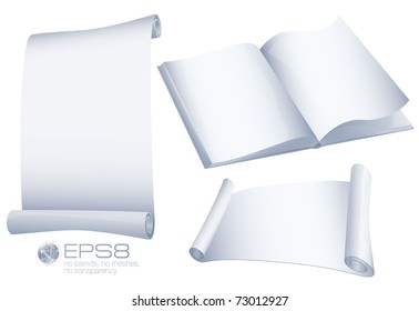 White blank papers. Scrolls and book. Vector.
