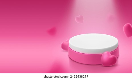 White blank pedestal with a cylindrical shape on a pink background. Banner template for demonstrating an item or product. Realistic vector illustration in romantic style with copy space