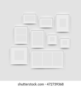 White Blank Photo Frame Wall Gallery Set. Vector Picture Frame Mockup Template On Wall Background