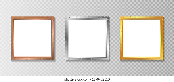 White blank picture frame, realistic square picture frame, A4. Empty white picture frame mockup template isolated. Luxury and elegant vector design illustration with gold, silver and bronze color
