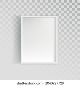 White blank picture frame, realistic vertical picture frame, A4. Realistic white picture frame isolated on transparent background. Vector illustration.