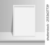 White blank picture frame with shadow. Vertical picture frame isolated stands on table. Mockup empty place for your text or photo. Realistic template are waiting to be filled with memories. Vector