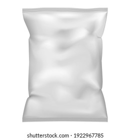 White blank pillow bag, realistic vector mock-up. Crumpled pouch package, mockup. Potato chips, candies or other food snack pack. Template for design.