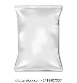 White blank pillow bag realistic vector mock-up. Crumpled pouch package mockup. Potato chips, candies or other food snack pack. Template for design