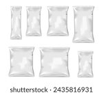 White blank pillow bag. Vector mock-up set. Pouch package mockup. Realistic food snack pack. Template for design