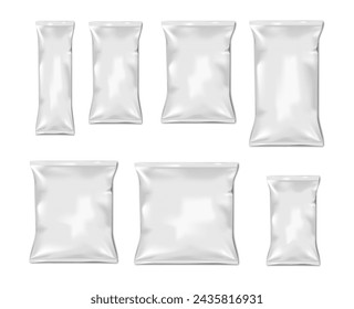 White blank pillow bag. Vector mock-up set. Pouch package mockup. Realistic food snack pack. Template for design