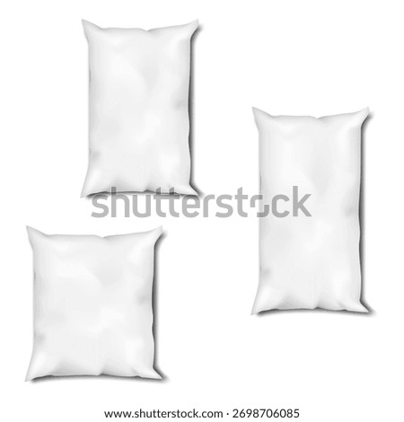 White blank pillow pouch polythene packaging. Vector mock-up. Plastic vacuum sealed package for liquid food products as milk, dairy products, juice. Realistic mockup. Template for design