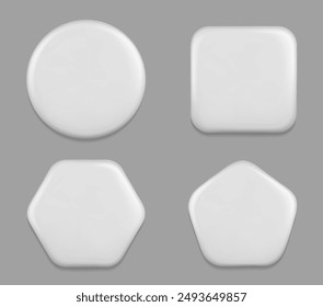 White blank pin badge mockup for promotion and advertising. Glossy brooch tag with of different shapes - round and square, hexagon and pentagon. 3d realistic vector set of empty merch template.