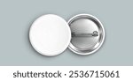 White blank pin button mockup. Round badge vector. 3d metal circle promotional brooch mock up design with shadow. Clean tag top and bottom for campaign advertising. Member name label space frame