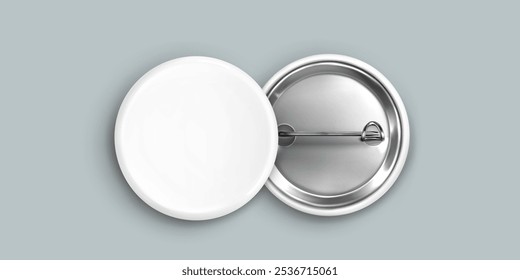 White blank pin button mockup. Round badge vector. 3d metal circle promotional brooch mock up design with shadow. Clean tag top and bottom for campaign advertising. Member name label space frame