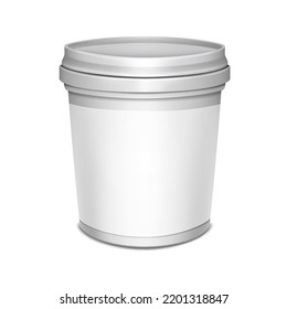 Cubo de plástico blanco en blanco con tapa y etiqueta vacía de la maqueta vectorial. Embalaje de contenedores redondos de caracol con un simulador realista. Plantilla para el diseño