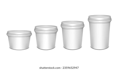 White blank plastic bucket with lid. Vector mockup set. Pail round container packaging kit realistic mockup. Template for design