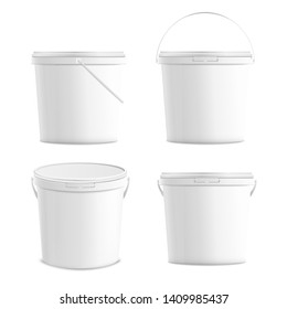 White blank plastic buckets set 3d realistic mockup vector illustration isolated on white background. Food, foodstuff or paints packaging template for product branding.