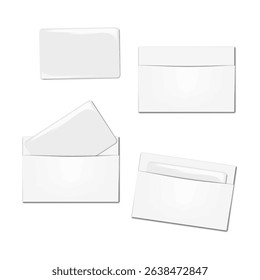White blank plastic card with card holder. Realistic 3d vector mockup set. Paper pocket envelope for credit, gift, business cards, hotel key card. Mock-up. Template for design