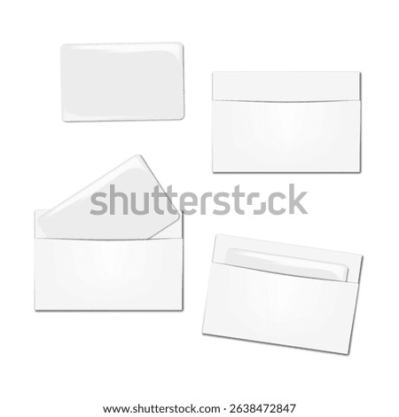White blank plastic card with card holder. Realistic 3d vector mockup set. Paper pocket envelope for credit, gift, business cards, hotel key card. Mock-up. Template for design