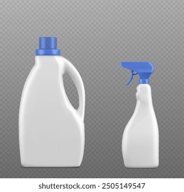 White blank plastic detergent bottle mockup with blue cap and trigger sprayer for liquid and gel cleaning product. Realistic 3d vector illustration set of washer and cleaner agent package template.