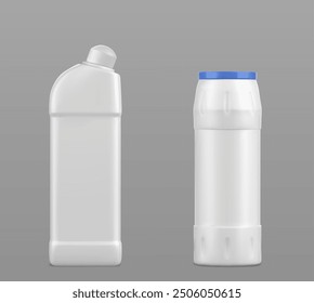 White blank plastic detergent bottle mockup for liquid gel and powder cleaning chemical product. Realistic 3d vector illustration set of household laundry and cleaner agent package template.