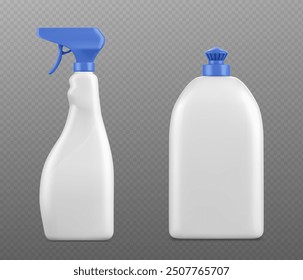 White blank plastic detergent bottle mockup with blue cap and trigger sprayer for liquid and gel cleaning product. Realistic 3d vector illustration set of washer and cleaner agent package template.