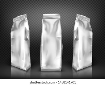White blank plastic or foil pack realistic vector. Bag or pouch for snacks, sweets and coffee, front and side view, illustrations isolated on transparent background, mock up for packaging design
