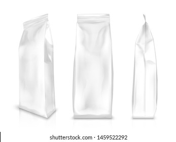 White blank plastic or foil pack realistic vector. Bag or pouch for snacks, sweets and coffee, front and side view, illustrations isolated on white background, mock up for packaging design