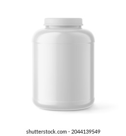 White blank plastic jar mockup isolated on white. Sport, dietary nutrition, medicine pills containter, packaging 3d realistic vector illustration 3d vector realistic illustration