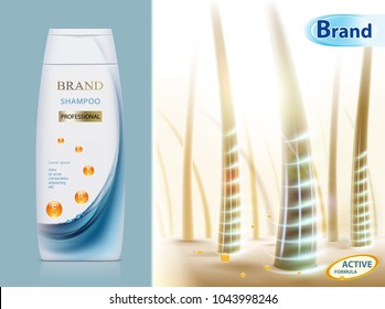 White blank plastic packaging with hair shampoo. Background with human hair. Design of brand label . Stock vector illustration.