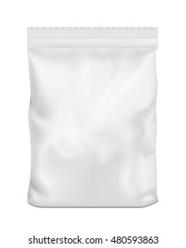 White Blank Plastic Or Paper Washing Powder Packaging. Sachet For Bread, Coffee, Sweets, Cookies And Gift.