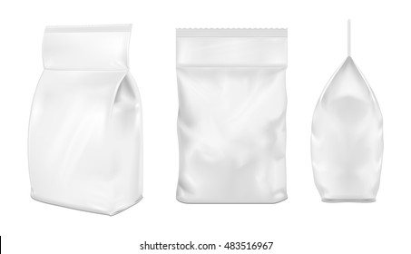 White Blank Plastic Or Paper Washing Powder Packaging. Sachet For Bread, Coffee, Sweets, Cookies And Gift.