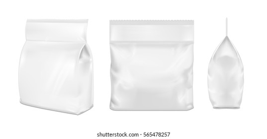 White Blank Plastic Or Paper Washing Powder Packaging. Sachet For Bread, Coffee, Sweets, Cookies And Gift