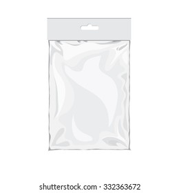 White blank plastic pocket bag. Vector transparent bag. With Hang Slot.  Mock up template of empty plastic container. Vector nylon bag illustration