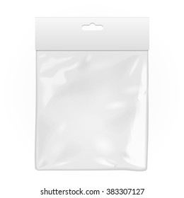 Bolsa de bolso de plástico branco em branco. Transparente. Com pendurar ranhura. Ilustração Isolada em Fundo Branco. Mock Up Template Pronto para o seu projeto. Vector EPS10