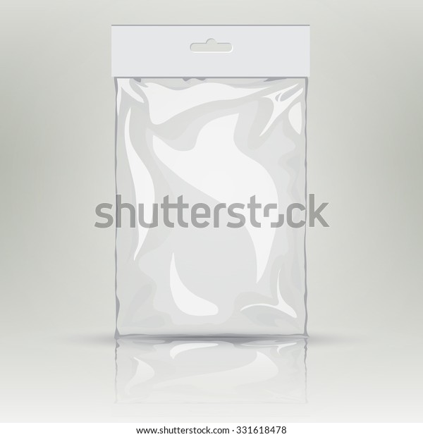 White blank plastic pocket bag. Vector\
transparent bag. With Hang Slot.  Mock up template of empty plastic\
container. Vector nylon bag\
illustration