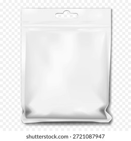 Bolsa de plástico en blanco blanco con cierre de cremallera y agujero euro. Maqueta de Vector realista. Bolso polivinílico plano con cremallera colgante. Maqueta. Producto al por menor ziplock paquete resellable. Plantilla para el diseño