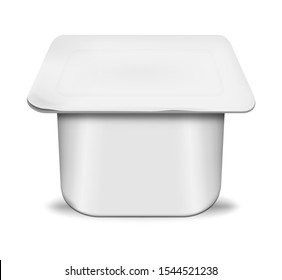 White Blank Plastic Yogurt Pot With Peel Off Foil Lid, Realistic Mockup. Yoghurt Square Cup, Vector Template