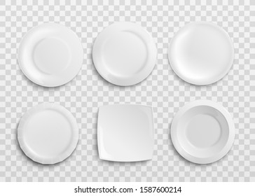 White blank plates in various shapes set for restaurant logo and identity, realistic vector mockup illustration isolated on transparent background. Kitchen dish template.