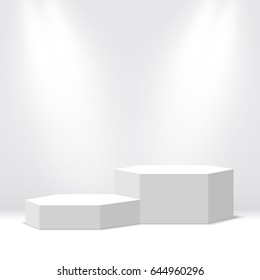 White blank podium. Pedestal. Hexagonal scene. Spotlight. Vector illustration.