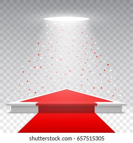 White blank podium with red carpet and confetti on transparent background. Pedestal with spotlight. Vector illustration.